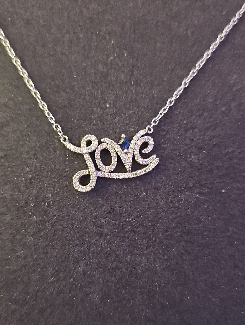 Vera Wang Love Script Pendant Necklace - Silver with Blue Accent